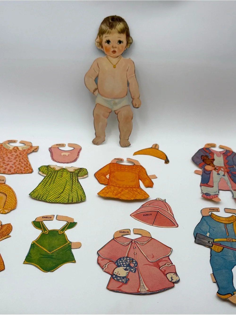 Vintage 1930s-1950s Emelie Paper Doll Set, Die-Cut Clothes & Outfits Lot